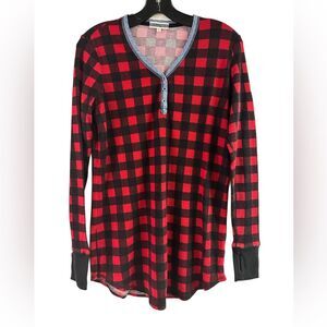 PJ Salvage Red Buffalo Check Henley Tunic Top Gown Thumbholes Size S